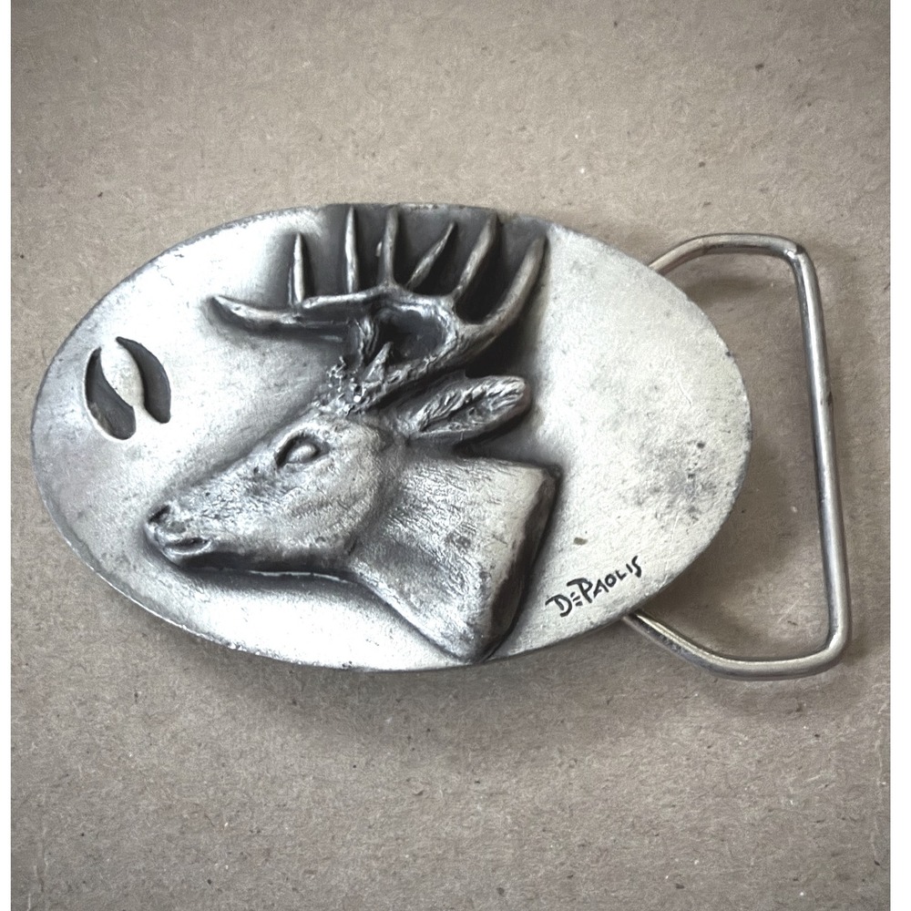Vintage 1977 Good Lad Products DePaolis Deer Buck Pewter Belt Buckle Silver Tone